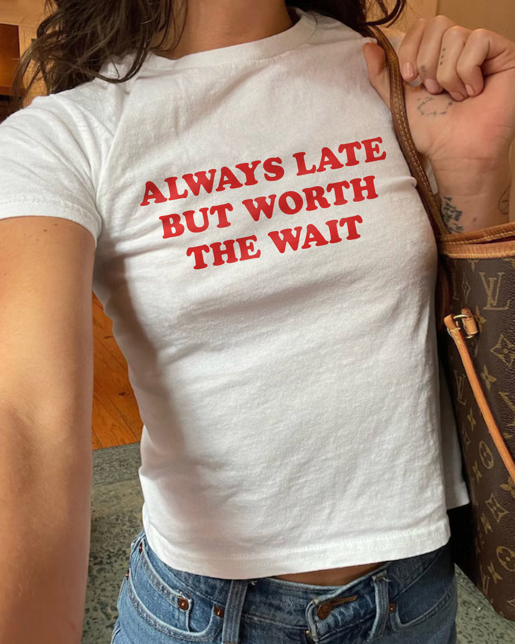 Always Late But Worth The Wait Baby Tee – Damn Darling